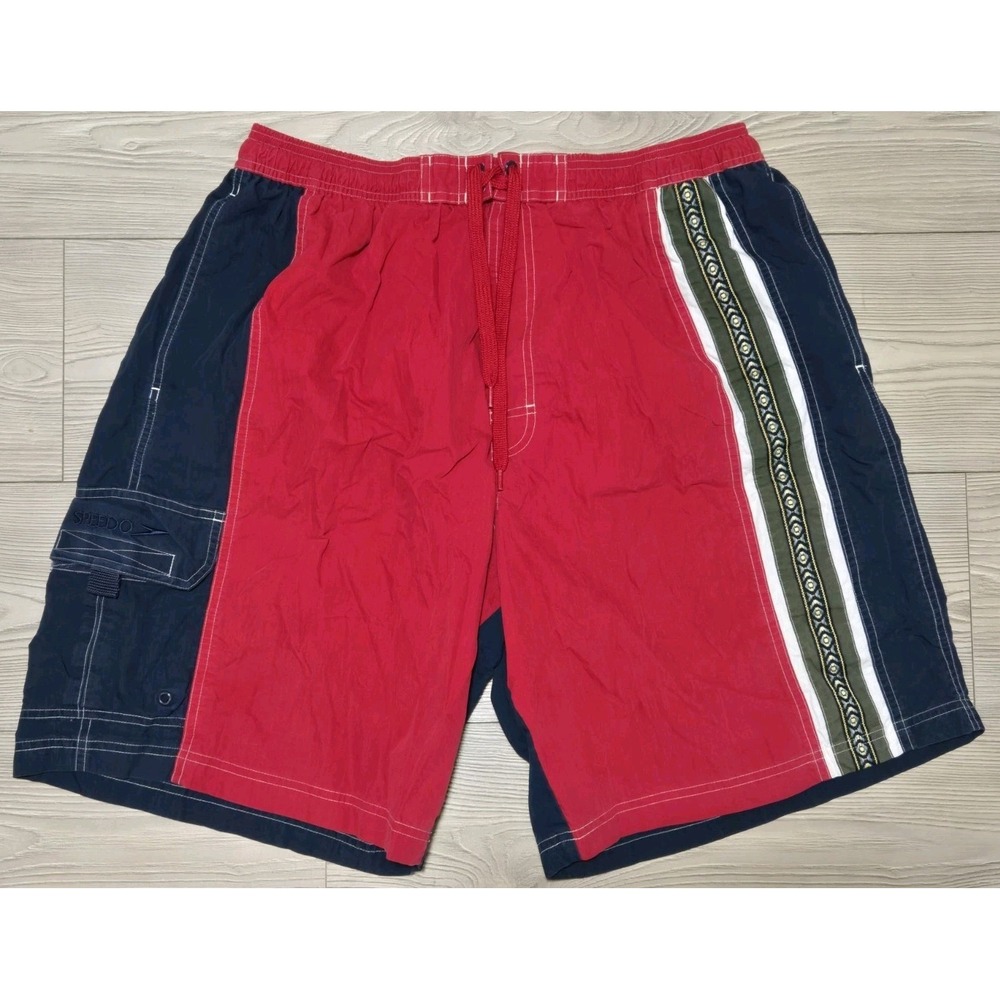 Speedo‎ Vintage Swim Trunks Shorts Aztec Mens XL Red Blue Lined